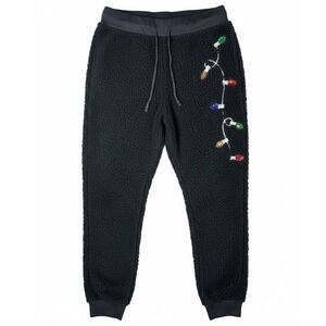 LARGE Black‎ Fuzzy Christmas Joggers Sequin Lights Cozy Holiday